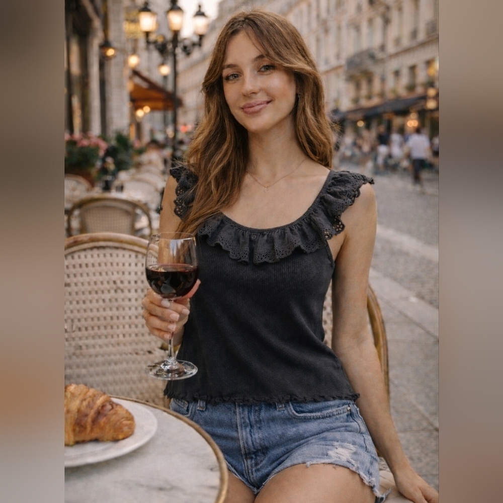 🤩NWT American Eagle Black Ribbed Ruffle Eyelet Tank Top Cottagecore Boho Size S